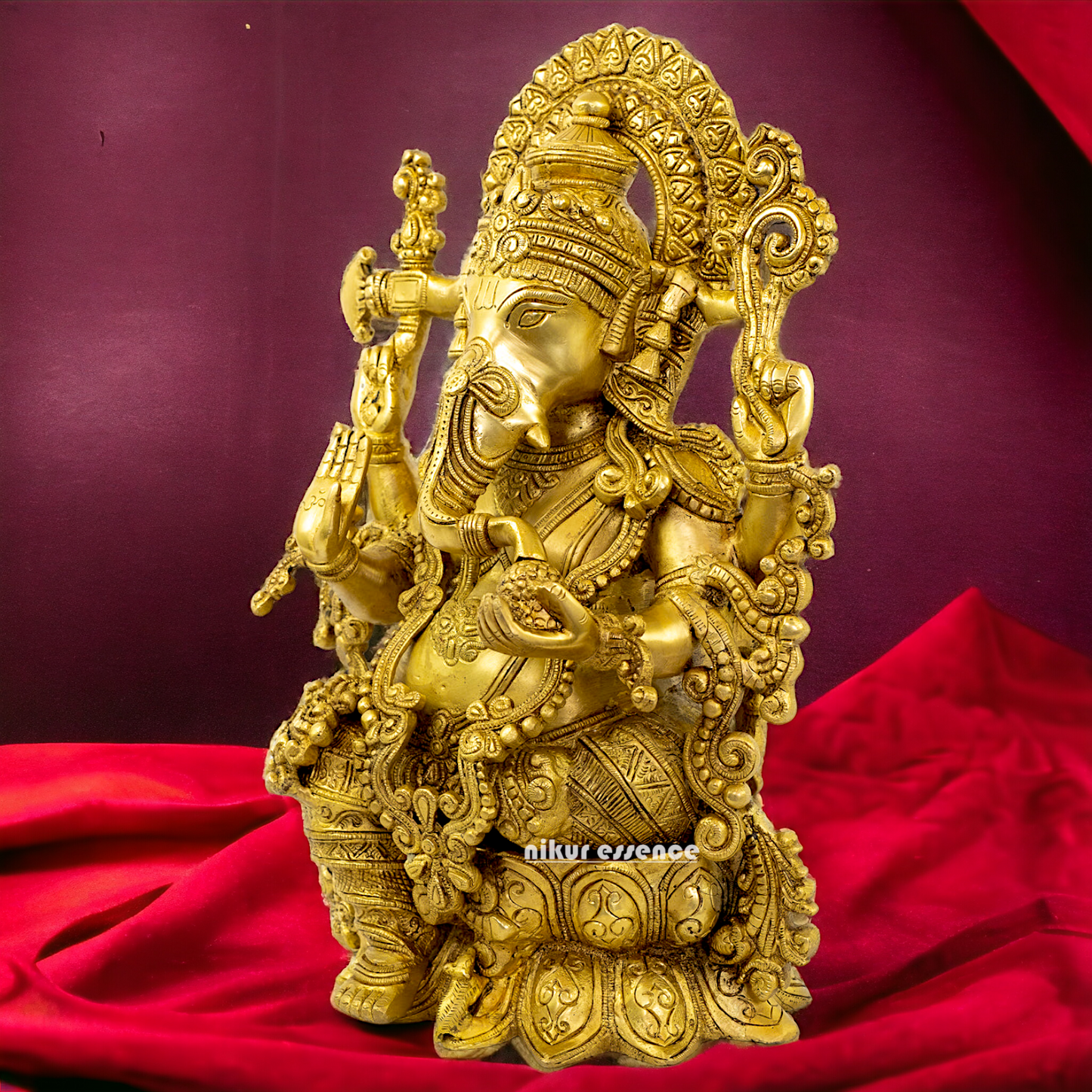 solid Brass Ganesha Seated on Lotus statue - 16 Inches Nikuressence