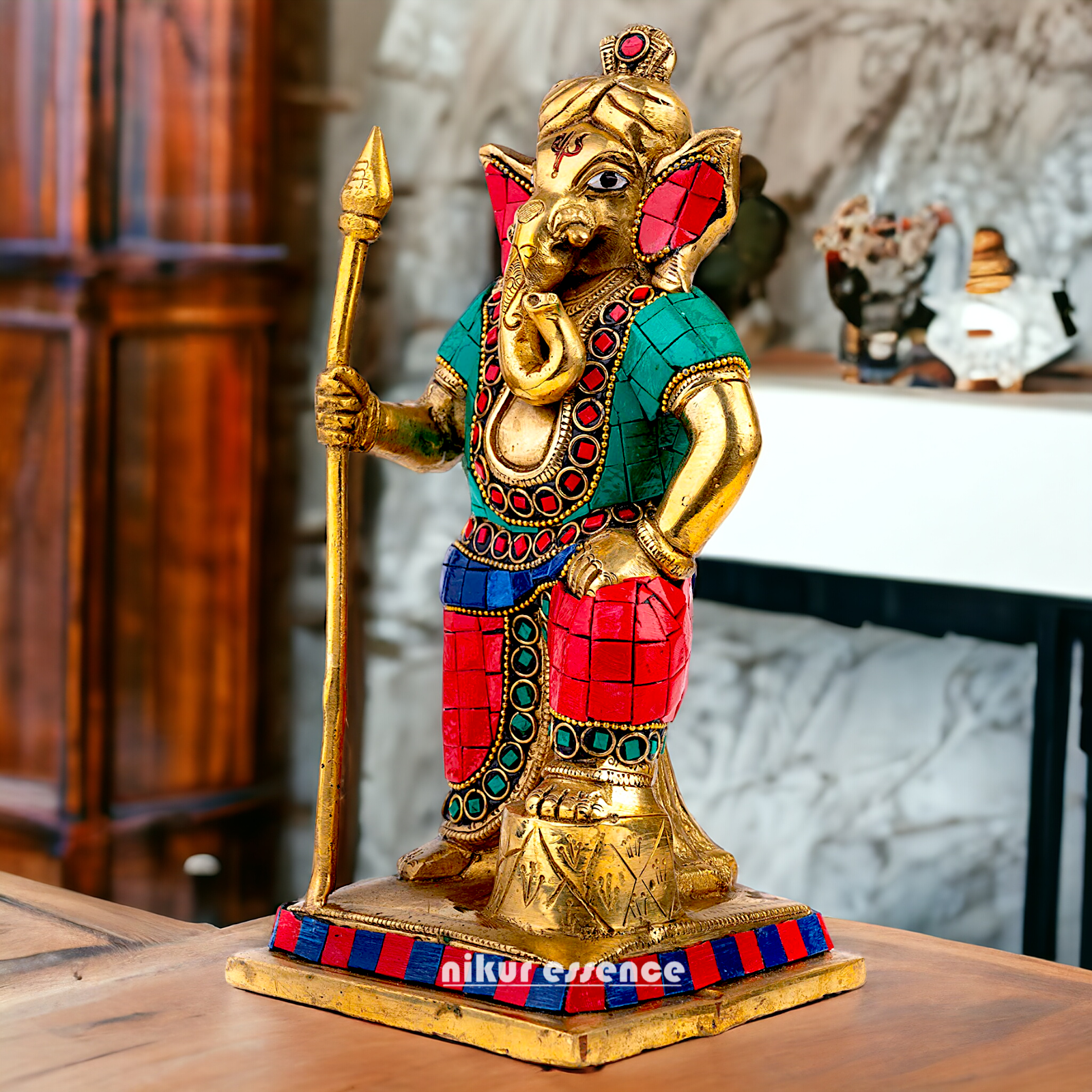 Buy Ganesha Ganpati Standing Brass with Stone Work statue - 8.5 Inches Nikuressence