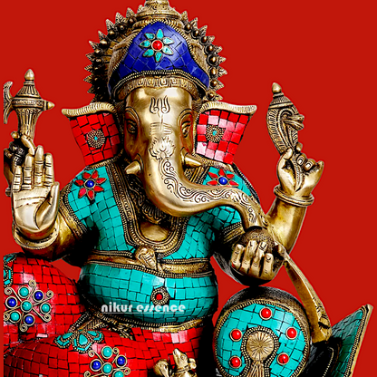 Brass Ganesha Seated on Sofa with Stone Work idol - 19 Inches Nikuressence