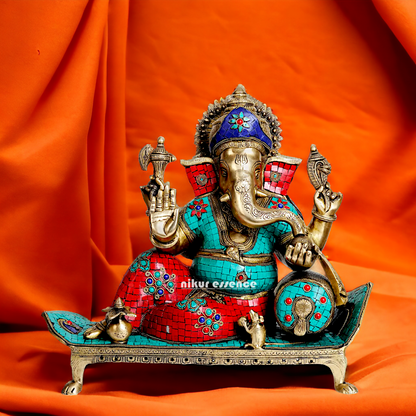 Brass Ganesha Seated on Sofa with Stone Work idol - 19 Inches Nikuressence