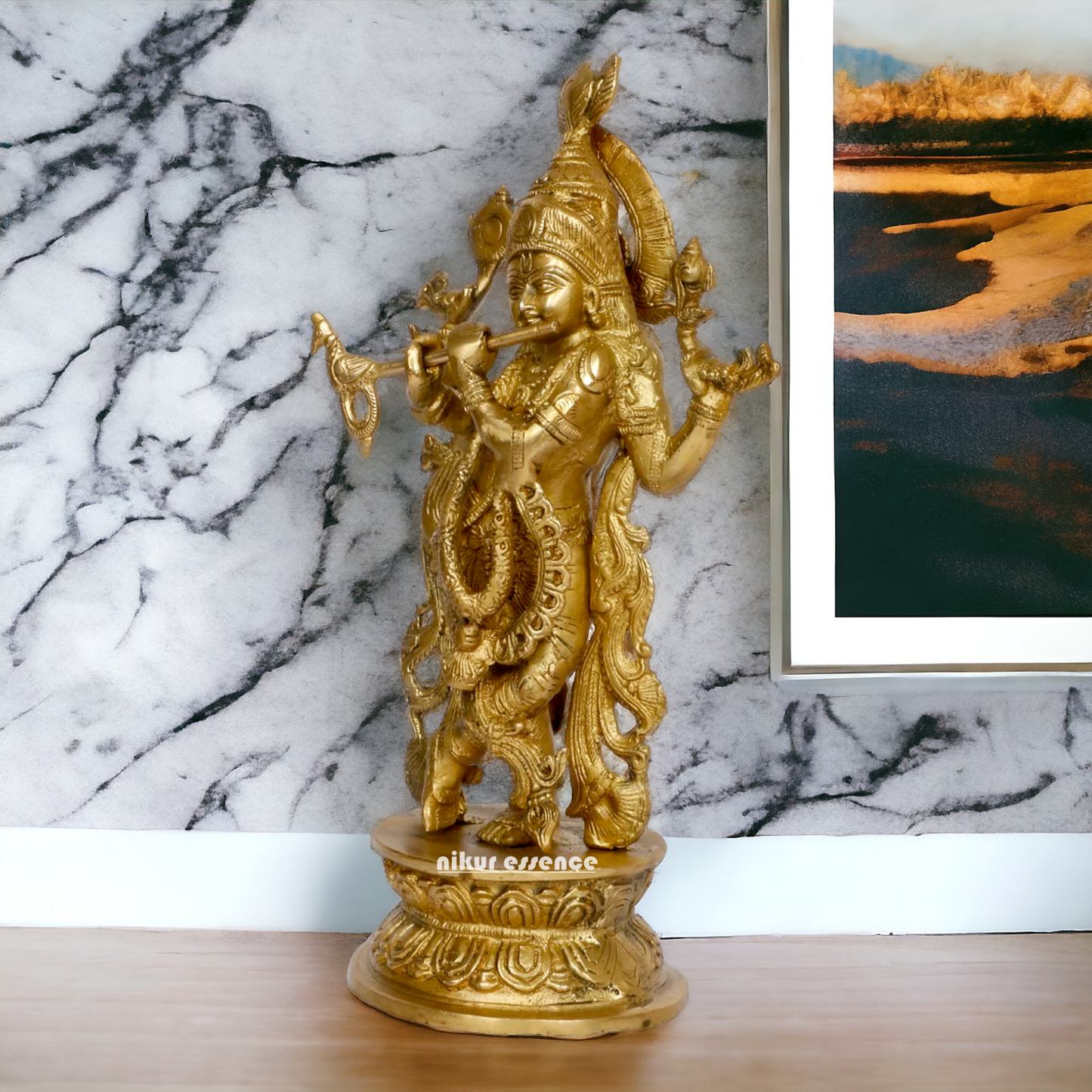 Pure Brass Krishna Murli Playing Flute idol - 12 Inches Nikuressence