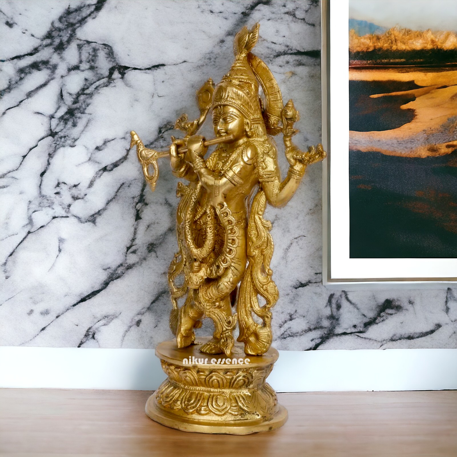 Pure Brass Krishna Murli Playing Flute idol - 12 Inches Nikuressence