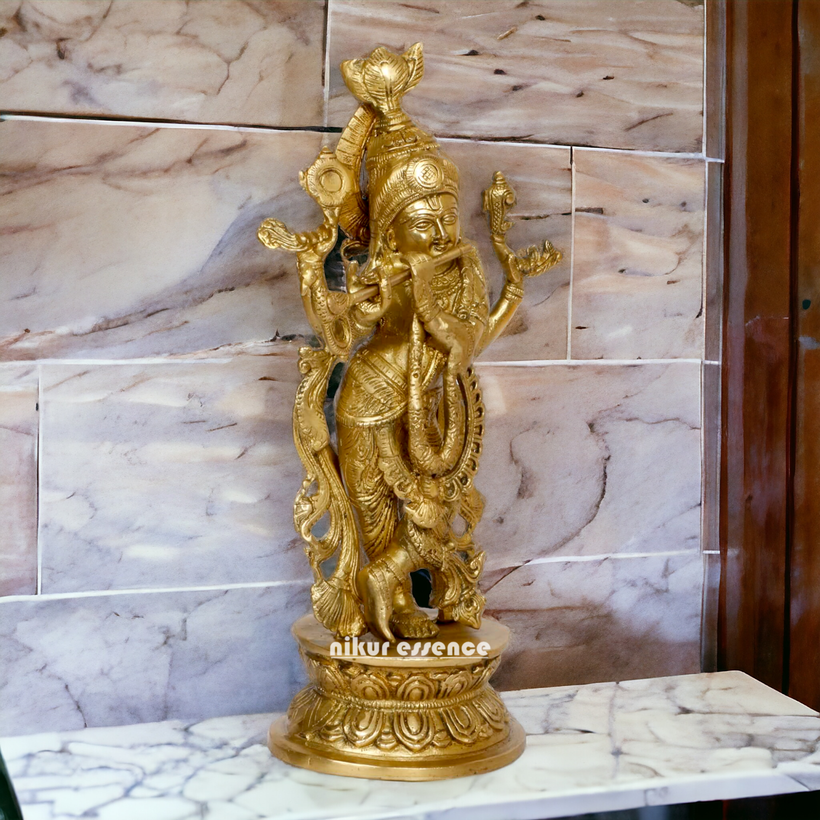 Pure Brass Krishna Murli Playing Flute idol - 12 Inches Nikuressence