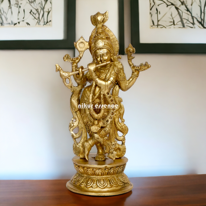 Pure Brass Krishna Murli Playing Flute idol - 12 Inches Nikuressence
