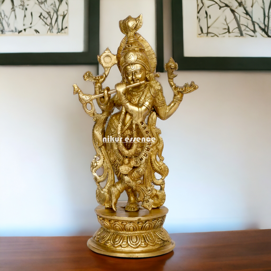 Pure Brass Krishna Murli Playing Flute idol - 12 Inches Nikuressence