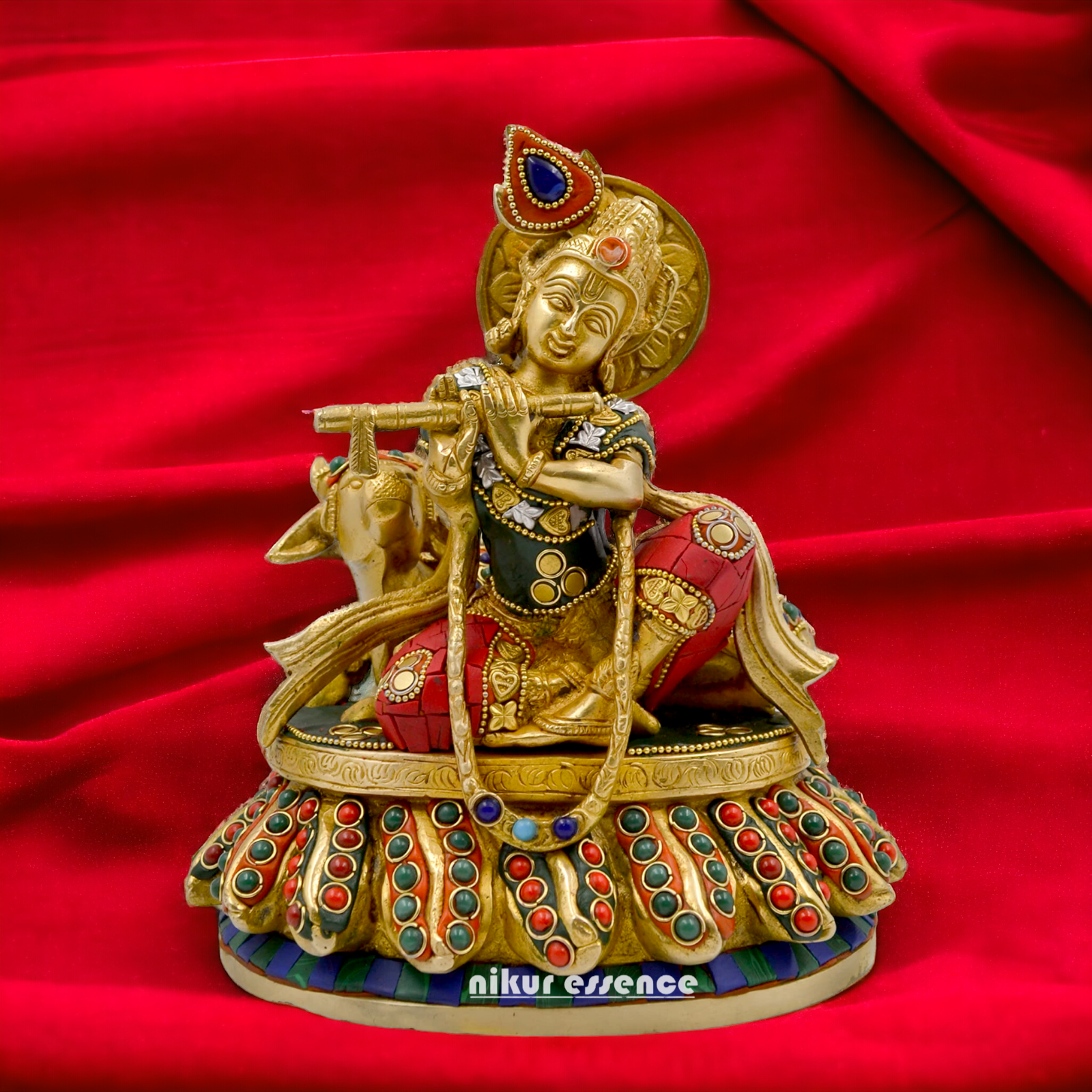 Lord Krishna Bhagwan With Cow Sitting Brass Stone Work idol - 8.6 Inch Nikuressence