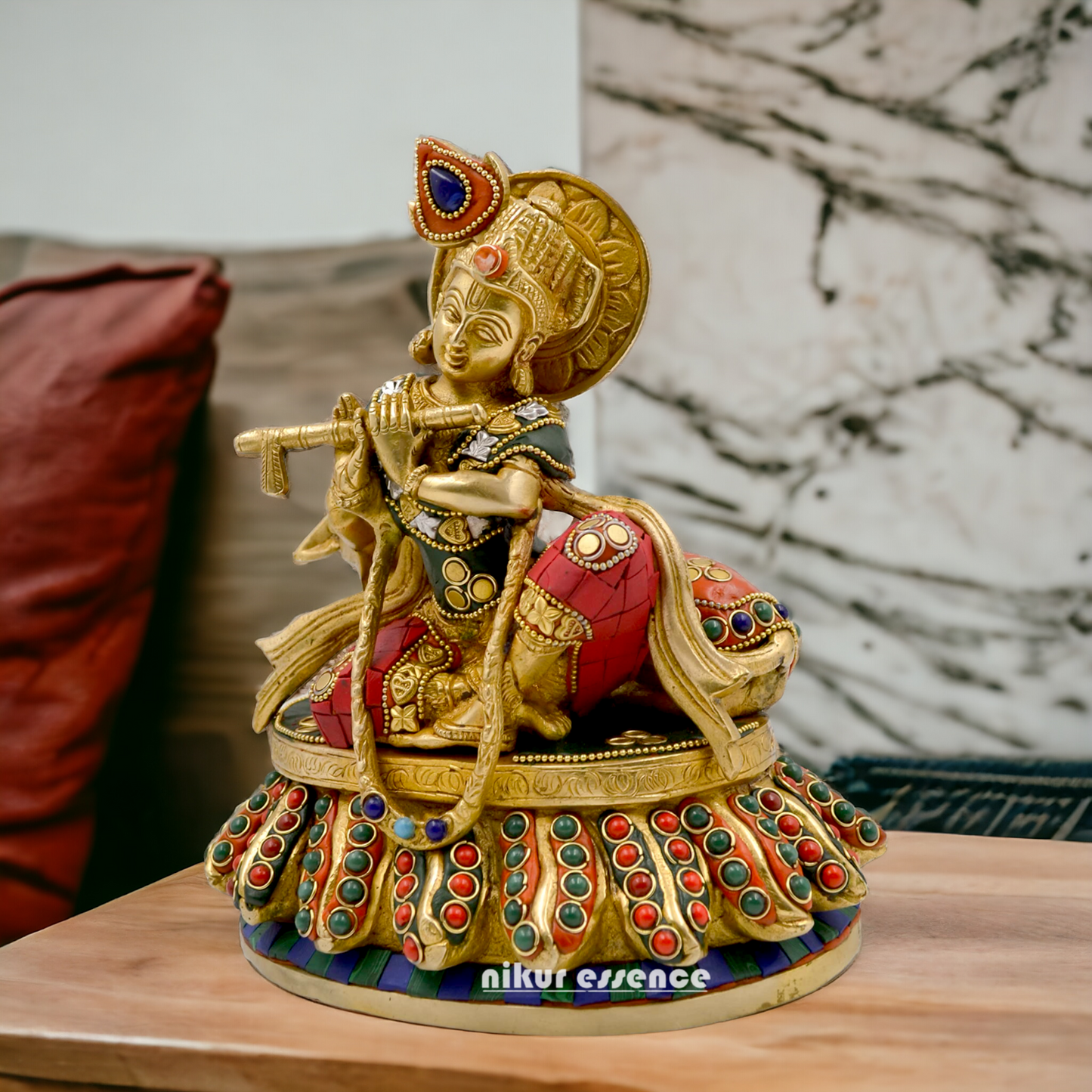 Lord Krishna Bhagwan With Cow Sitting Brass Stone Work idol - 8.6 Inch Nikuressence
