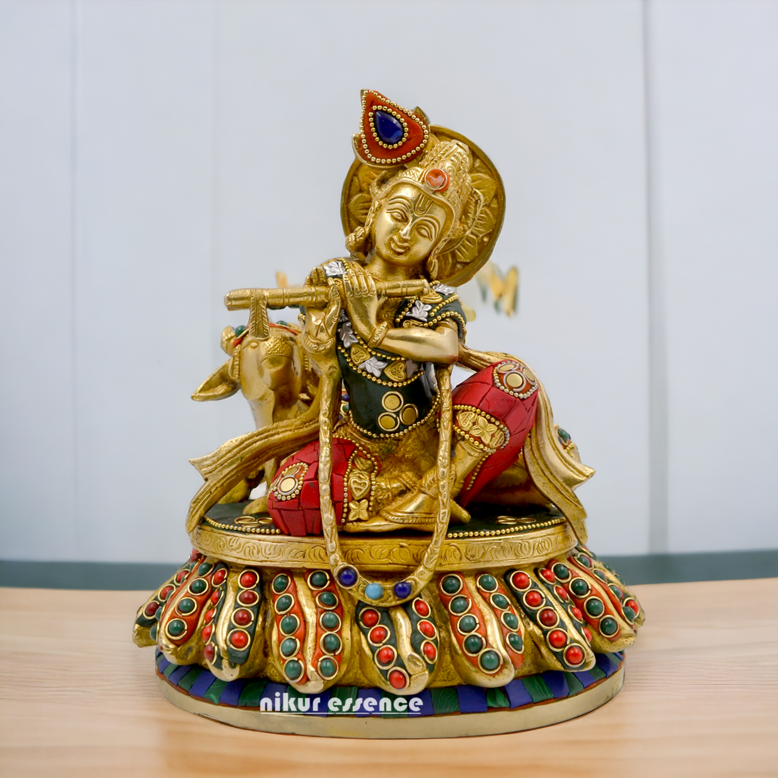 Lord Krishna Bhagwan With Cow Sitting Brass Stone Work idol - 8.6 Inch Nikuressence