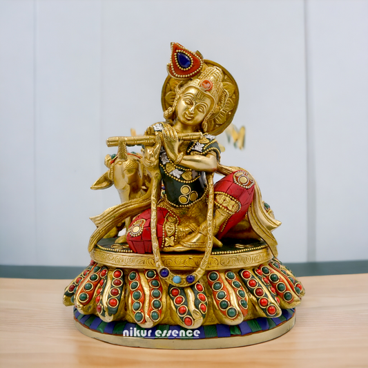 Lord Krishna Bhagwan With Cow Sitting Brass Stone Work idol - 8.6 Inch Nikuressence