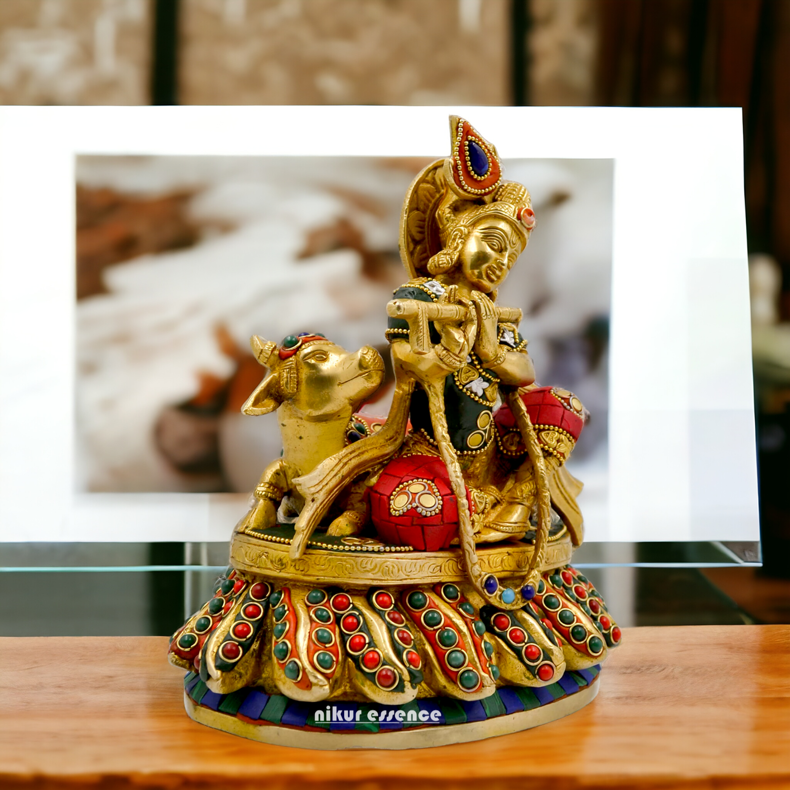 Lord Krishna Bhagwan With Cow Sitting Brass Stone Work idol - 8.6 Inch Nikuressence