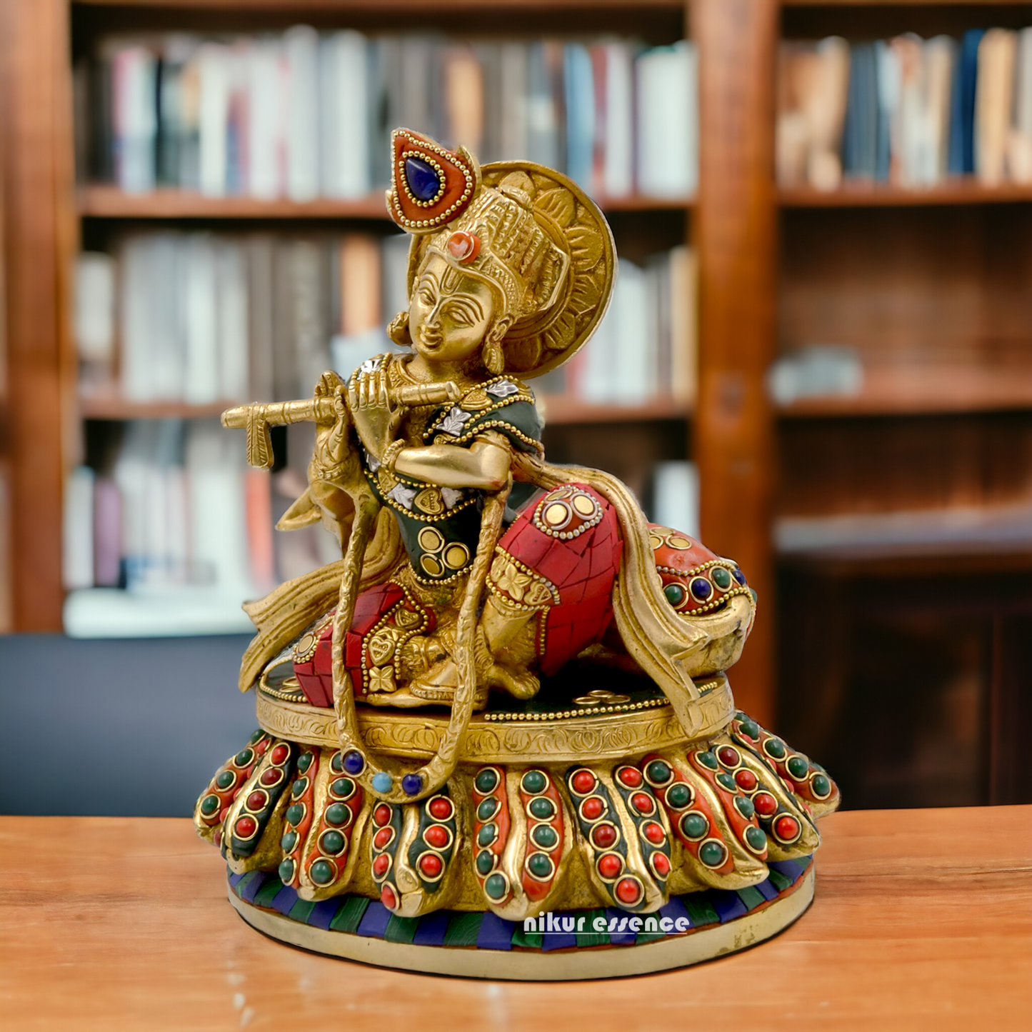 Lord Krishna Bhagwan With Cow Sitting Brass Stone Work idol - 8.6 Inch Nikuressence