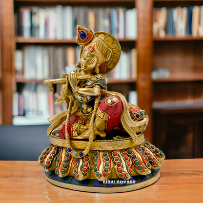 Lord Krishna Bhagwan With Cow Sitting Brass Stone Work idol - 8.6 Inch Nikuressence
