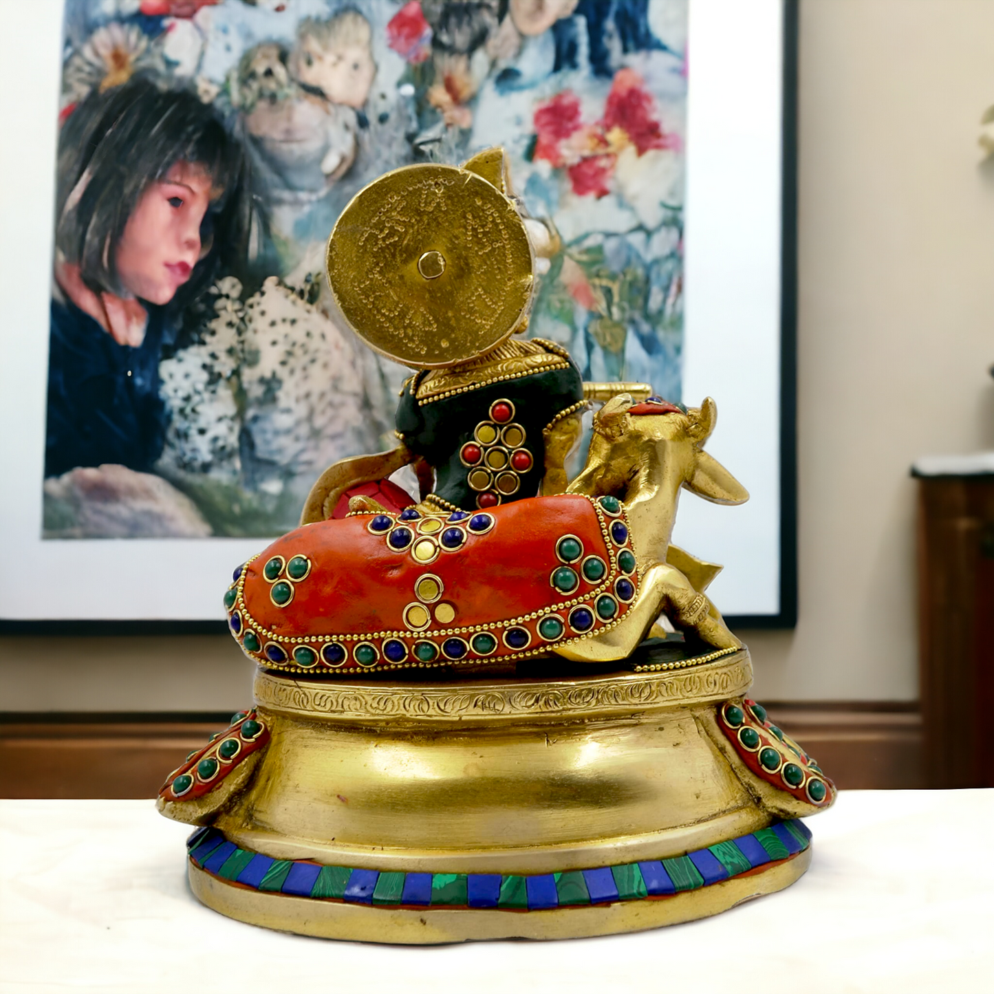 Lord Krishna Bhagwan With Cow Sitting Brass Stone Work idol - 8.6 Inch Nikuressence