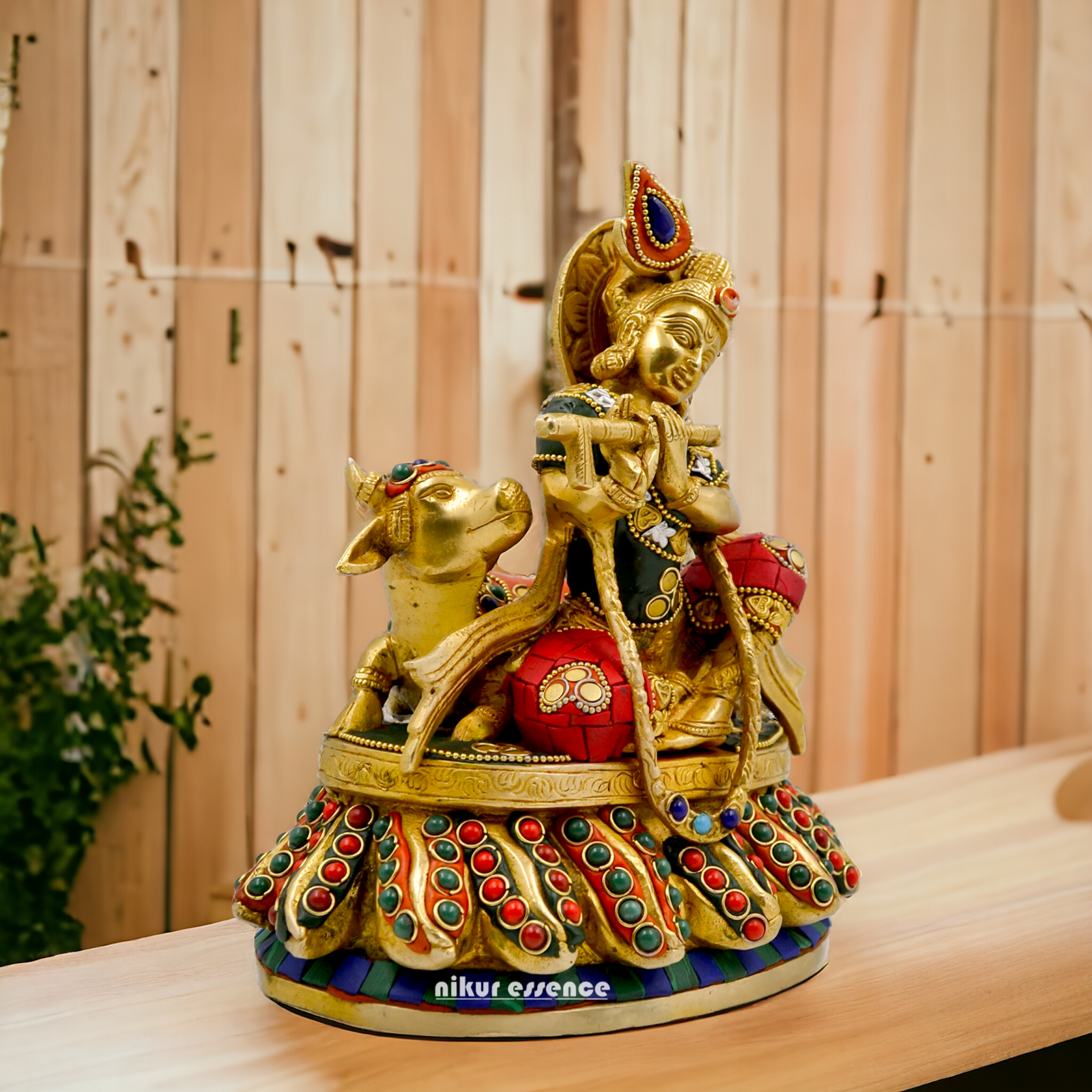 Lord Krishna Bhagwan With Cow Sitting Brass Stone Work idol - 8.6 Inch Nikuressence