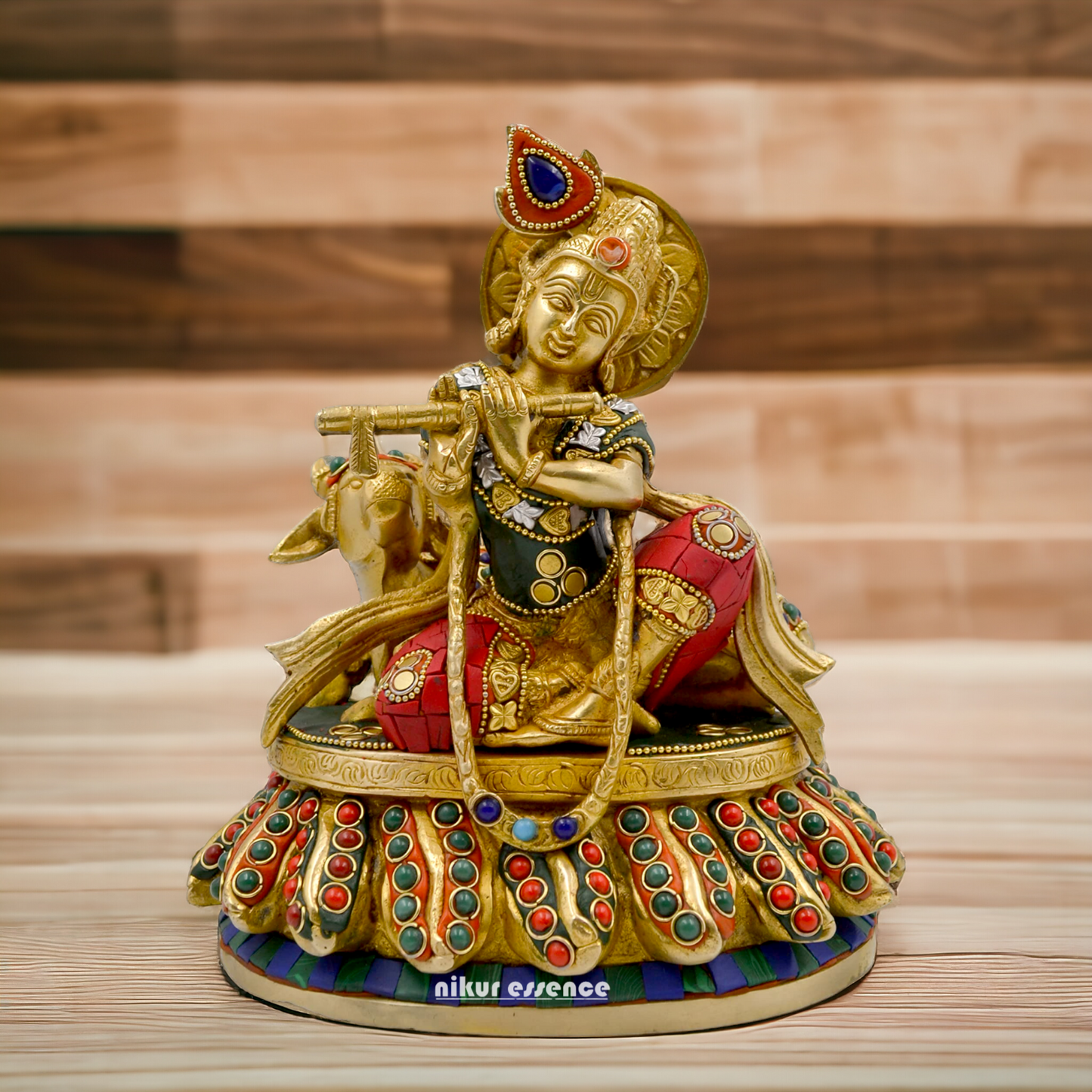 Lord Krishna Bhagwan With Cow Sitting Brass Stone Work idol - 8.6 Inch Nikuressence