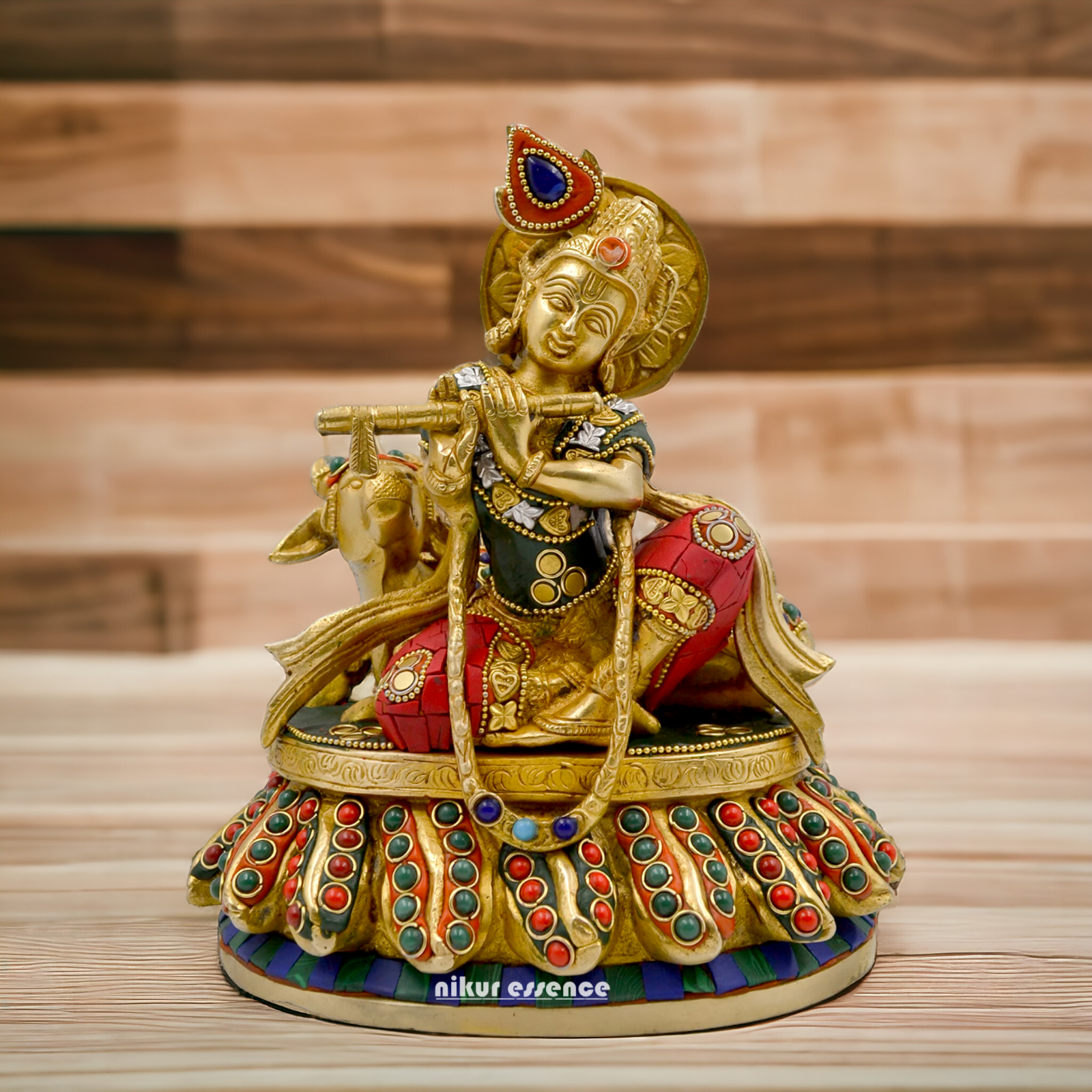 Lord Krishna Bhagwan With Cow Sitting Brass Stone Work idol - 8.6 Inch Nikuressence