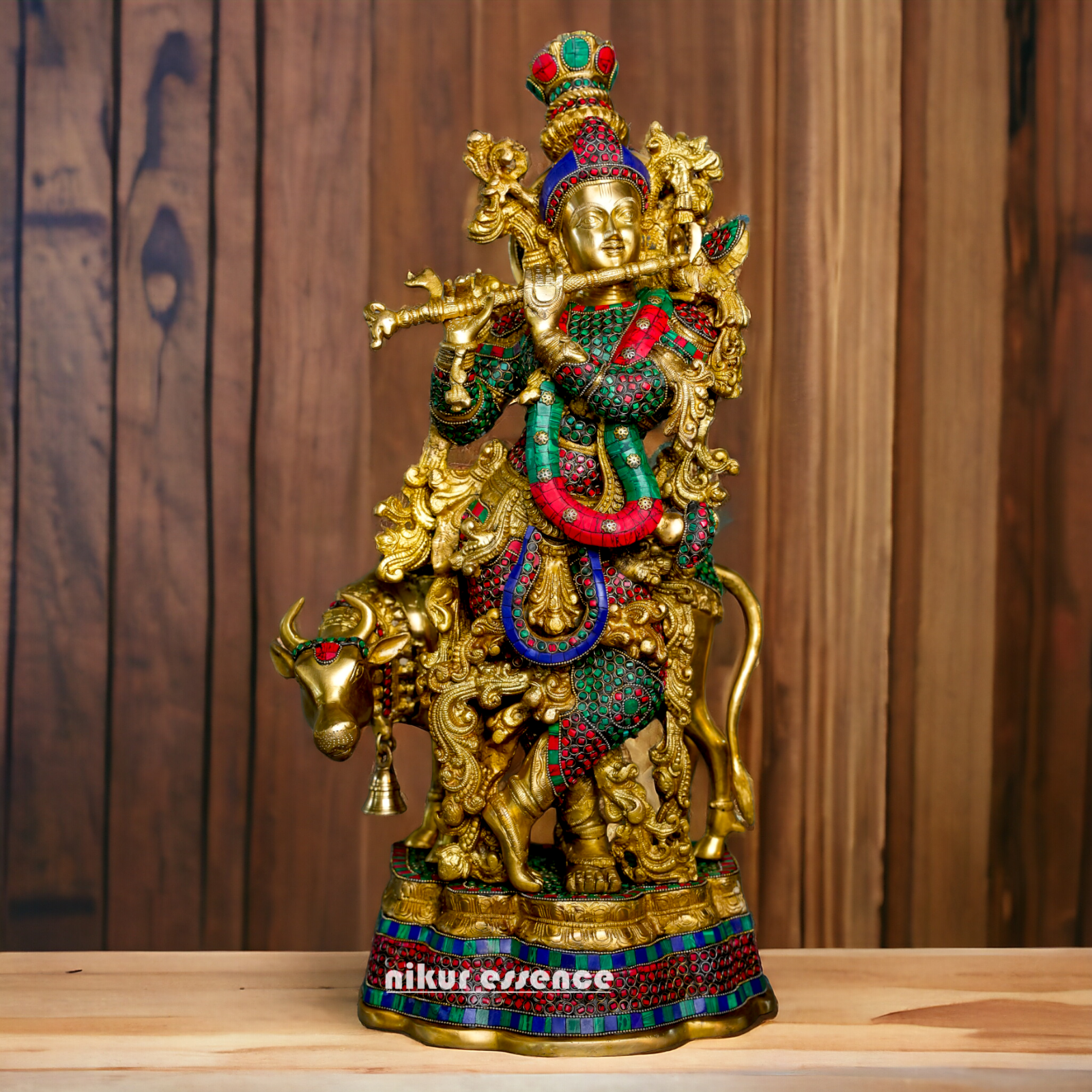 Brass Krishna With Cow Stone work idol - 26 Inch Nikuressence