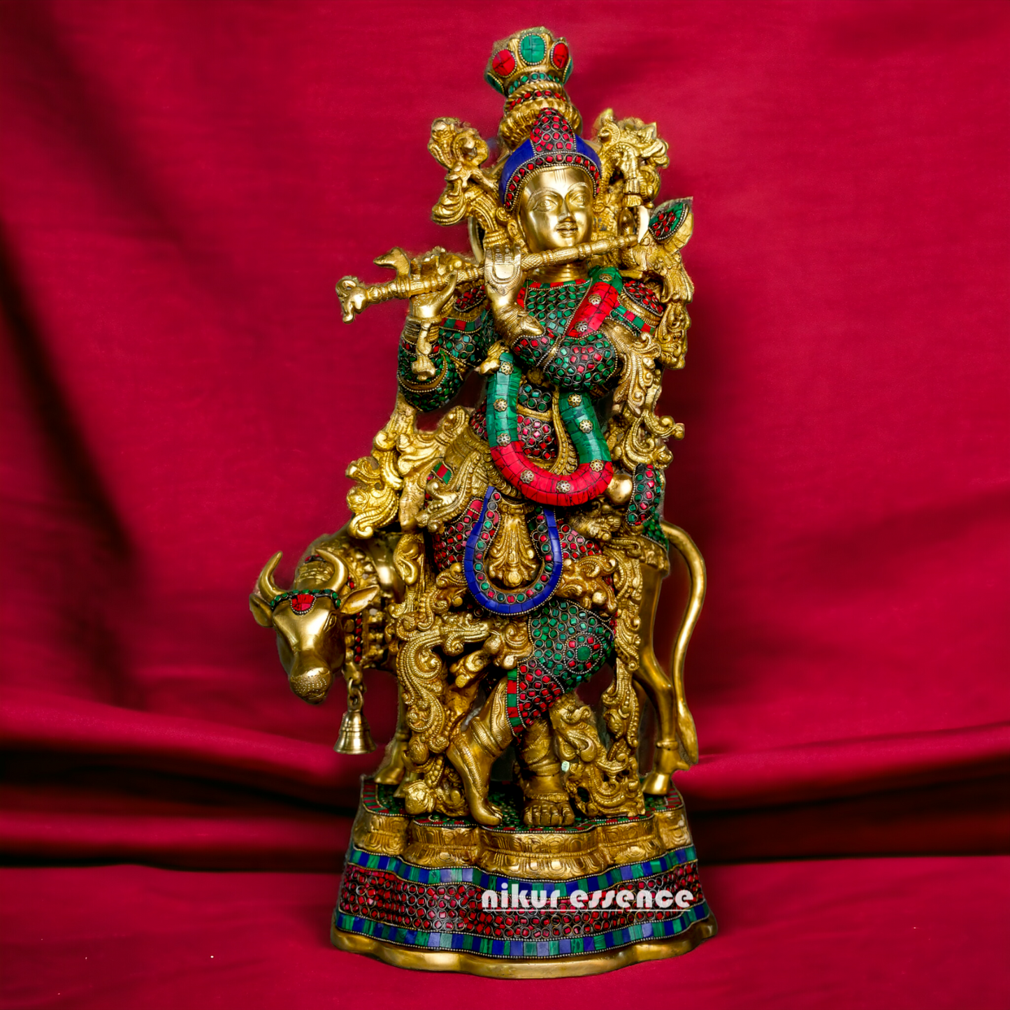 Brass Krishna With Cow Stone work idol - 26 Inch Nikuressence