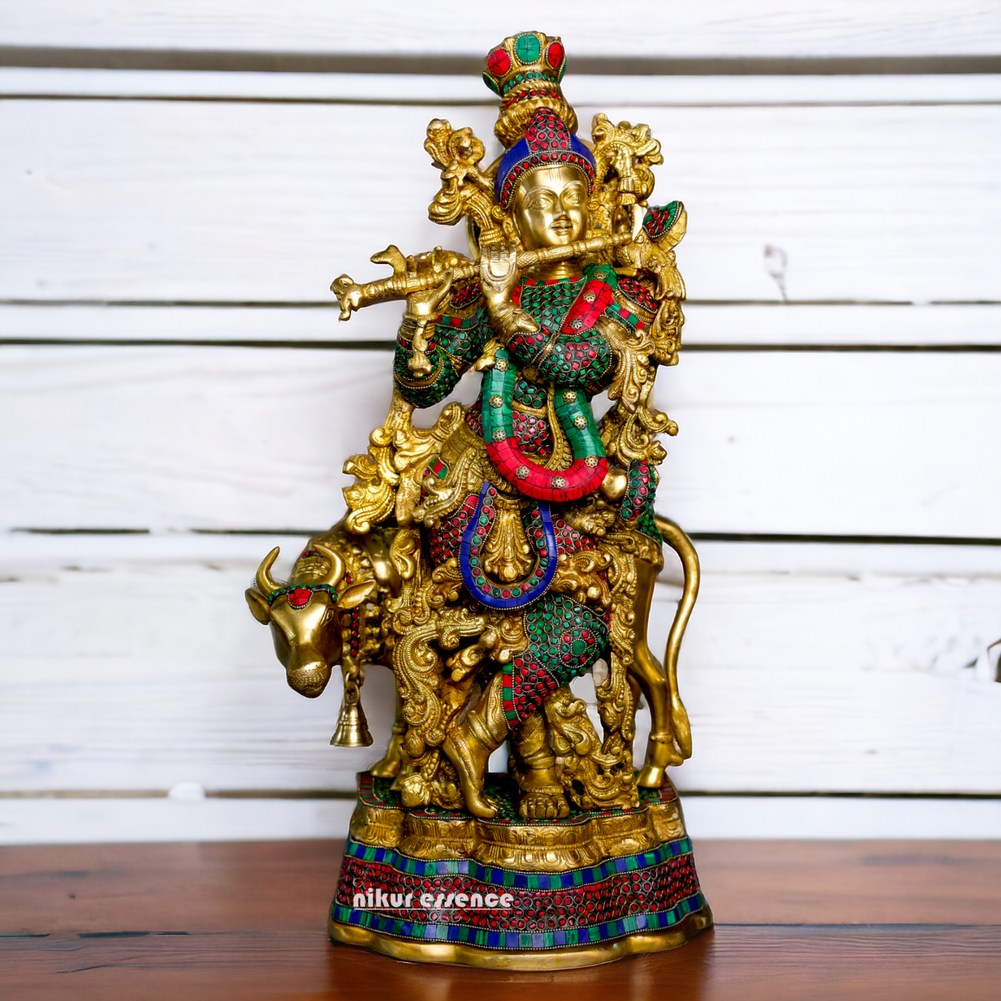 Brass Krishna With Cow Stone work idol - 26 Inch Nikuressence