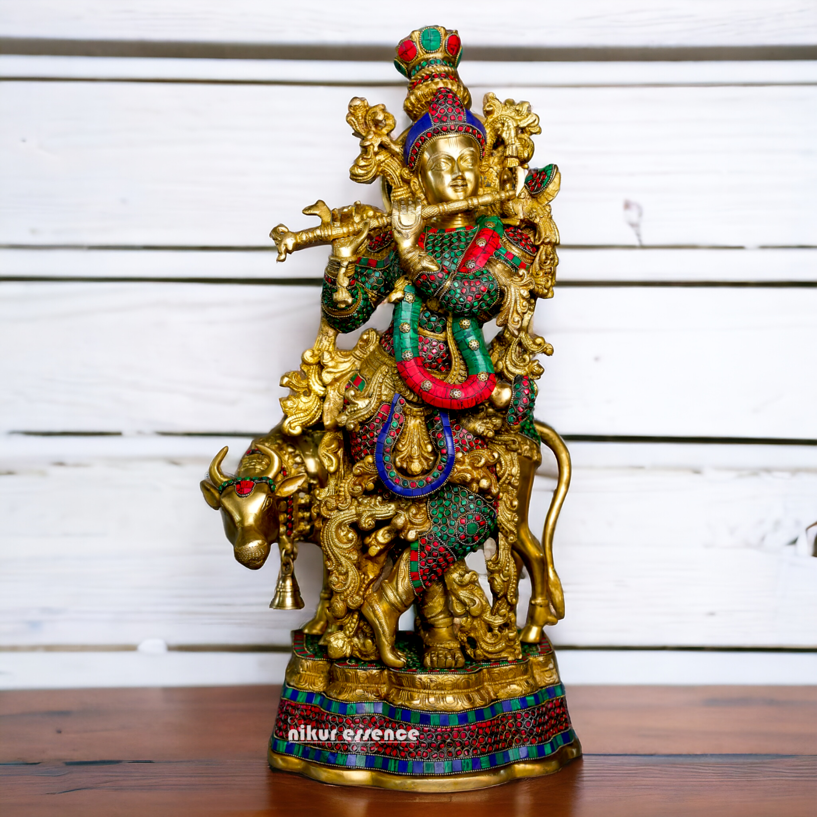 Brass Krishna With Cow Stone work idol - 26 Inch Nikuressence