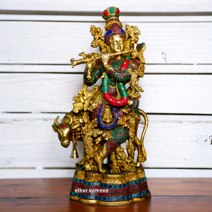 Brass Krishna With Cow Stone work idol - 26 Inch Nikuressence