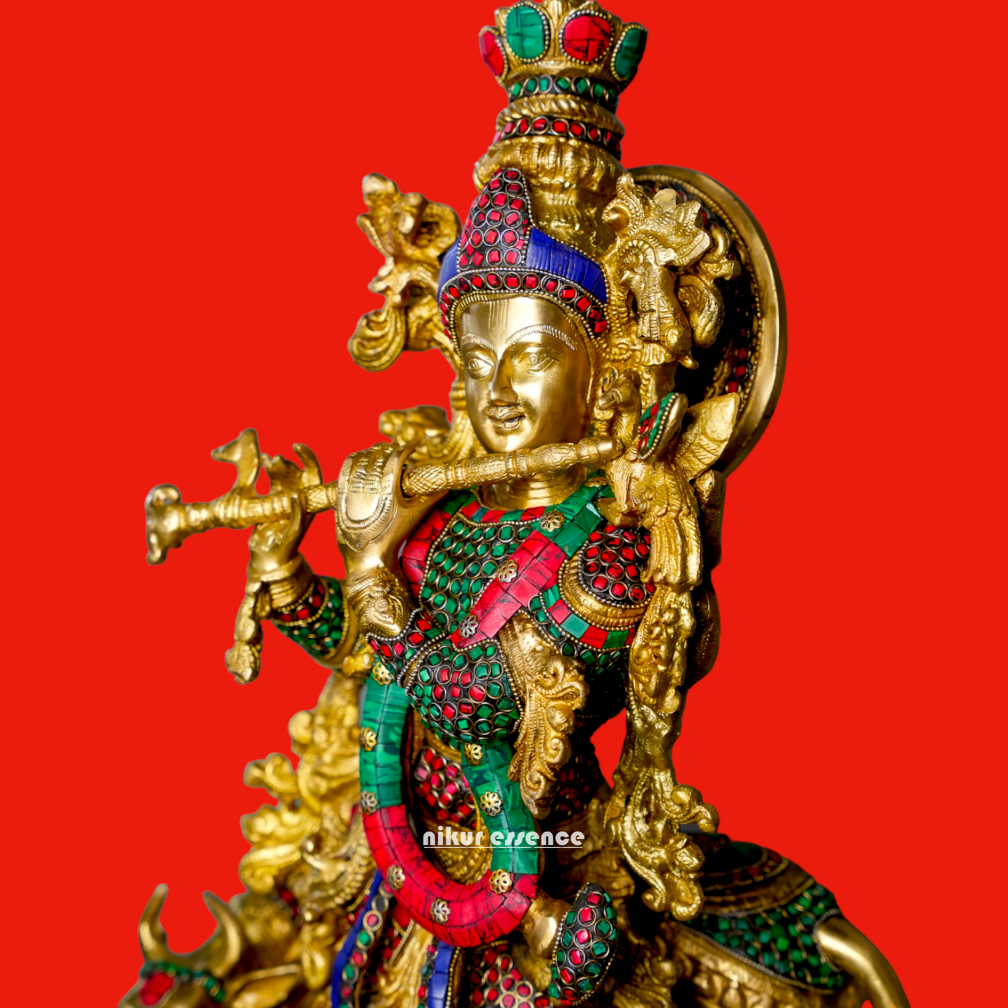 Brass Krishna With Cow Stone work idol - 26 Inch Nikuressence