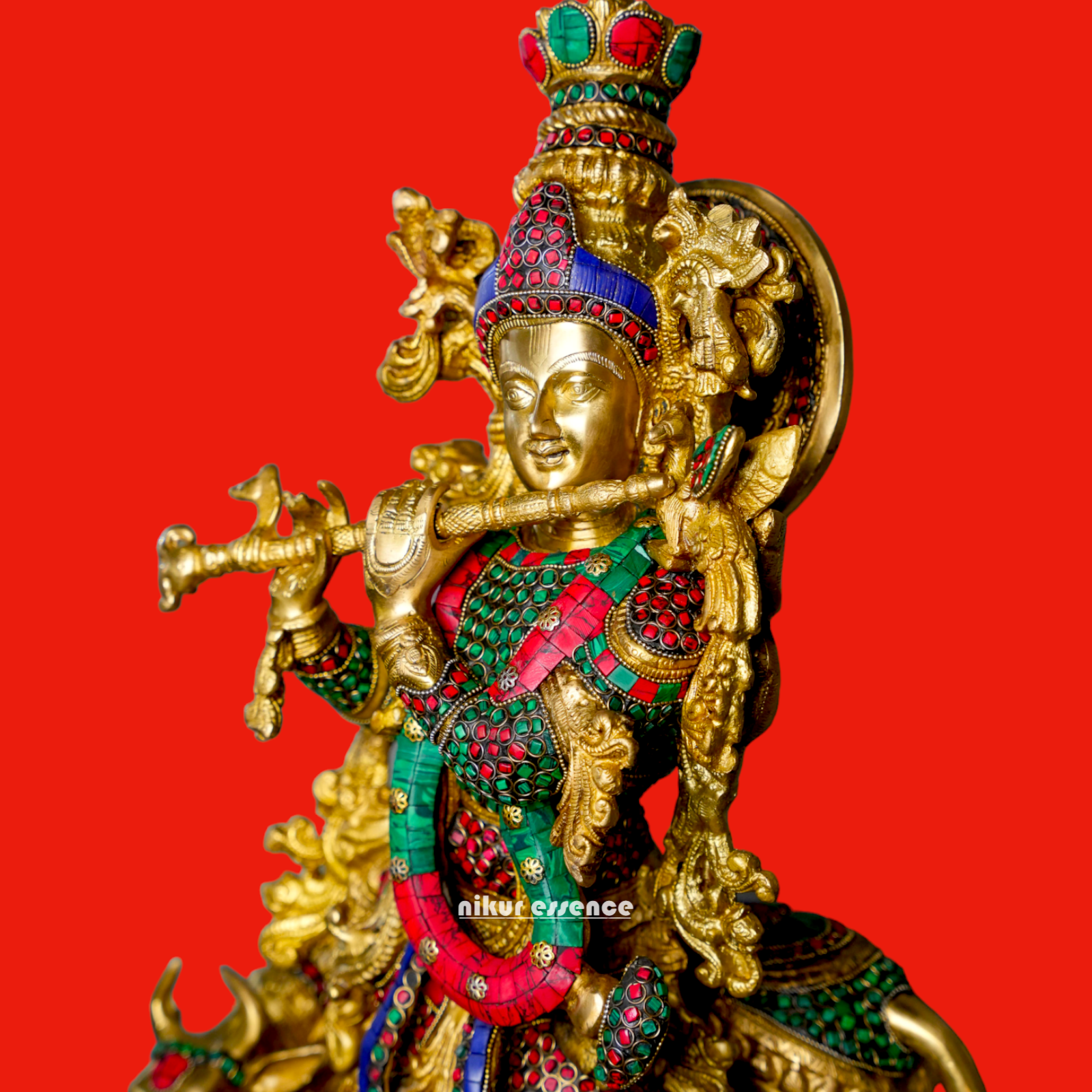 Brass Krishna With Cow Stone work idol - 26 Inch Nikuressence