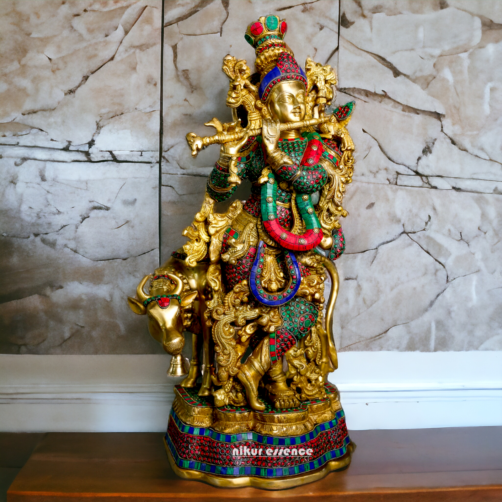Brass Krishna With Cow Stone work idol - 26 Inch Nikuressence