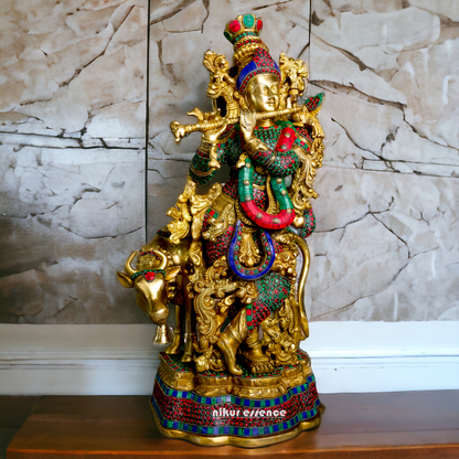 Brass Krishna With Cow Stone work idol - 26 Inch Nikuressence