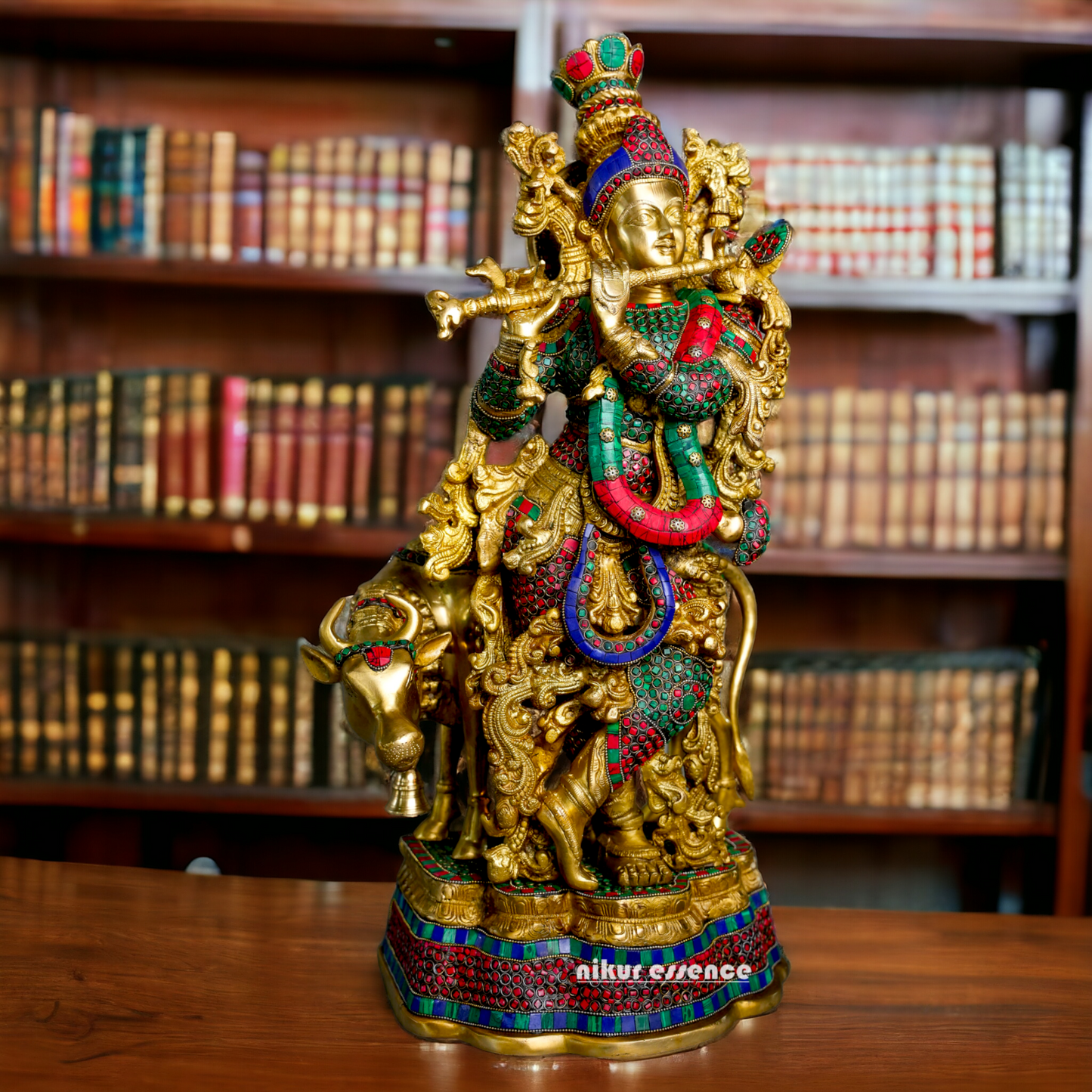 Brass Krishna With Cow Stone work idol - 26 Inch Nikuressence