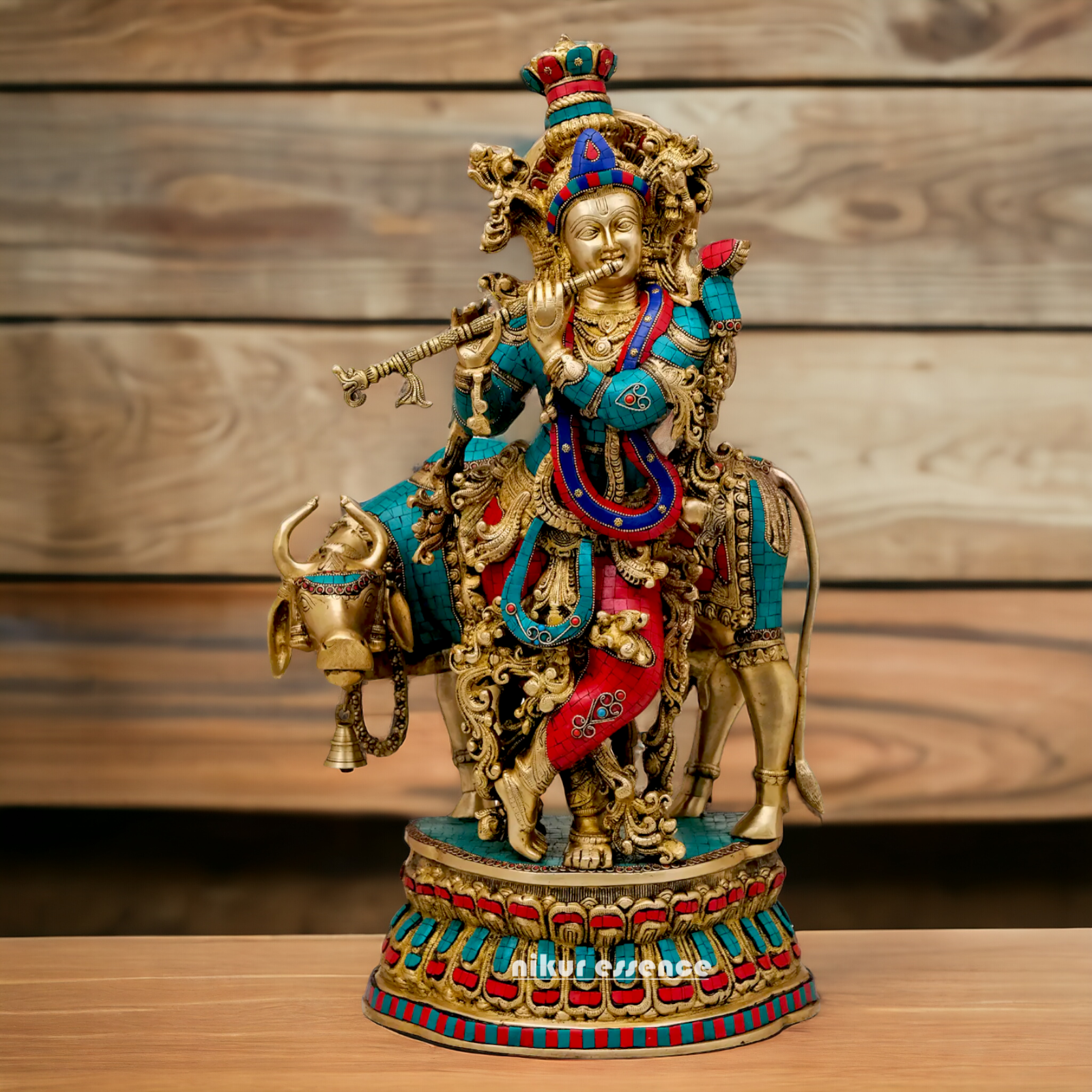 Lord Brass Krishna with cow Stone work idol - 28 Inch Nikuressence