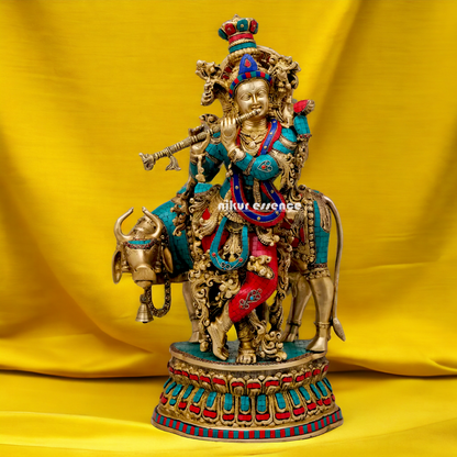 Lord Brass Krishna with cow Stone work idol - 28 Inch Nikuressence