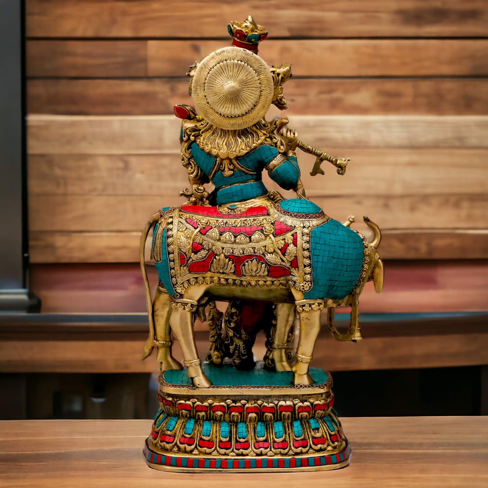Lord Brass Krishna with cow Stone work idol - 28 Inch Nikuressence