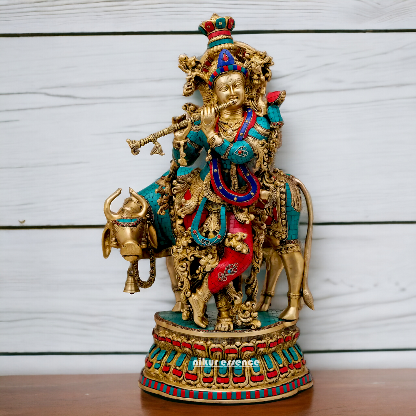 Lord Brass Krishna with cow Stone work idol - 28 Inch Nikuressence