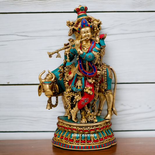 Lord Brass Krishna with cow Stone work idol - 28 Inch Nikuressence