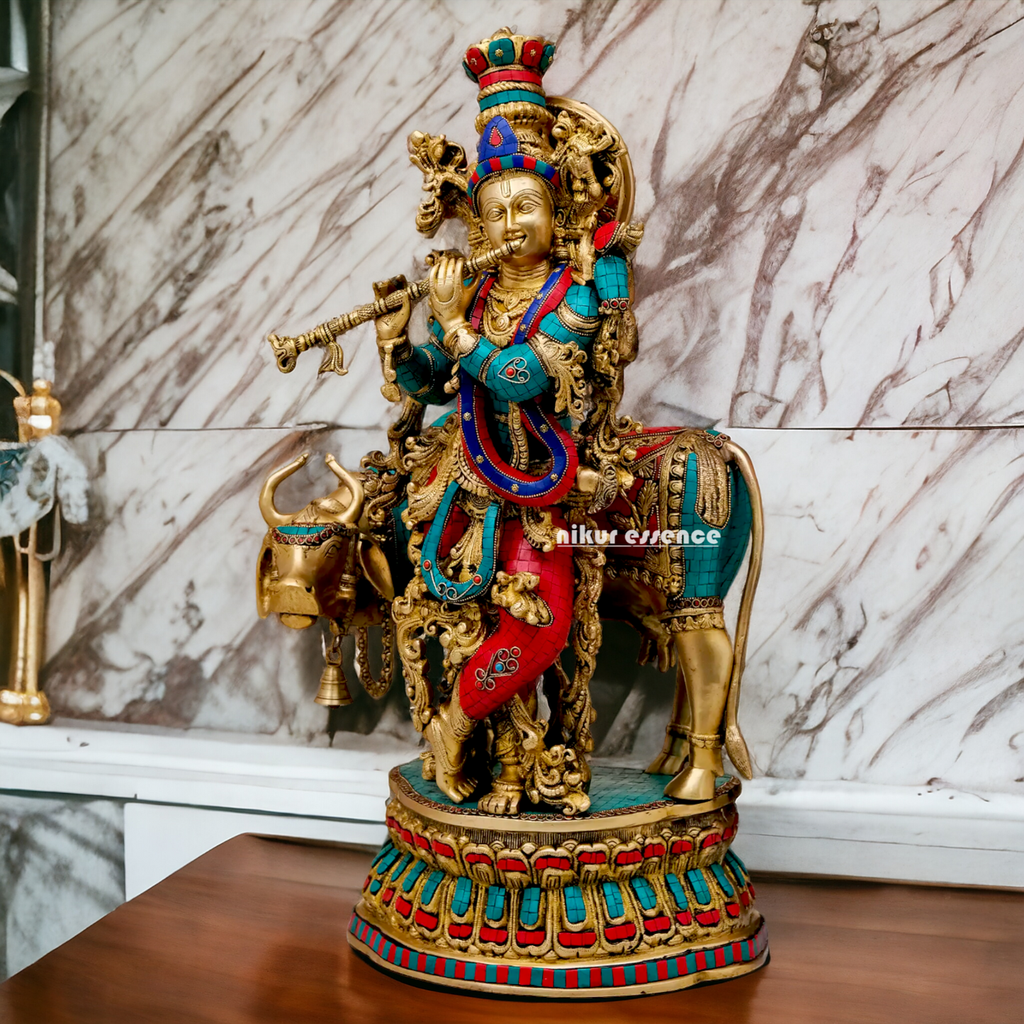Lord Brass Krishna with cow Stone work idol - 28 Inch Nikuressence