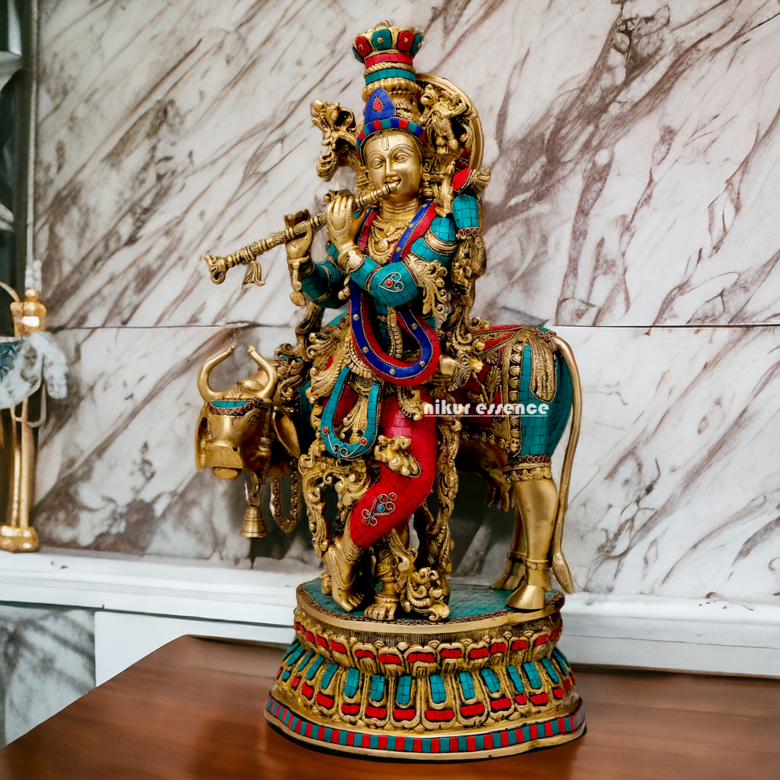 Lord Brass Krishna with cow Stone work idol - 28 Inch Nikuressence