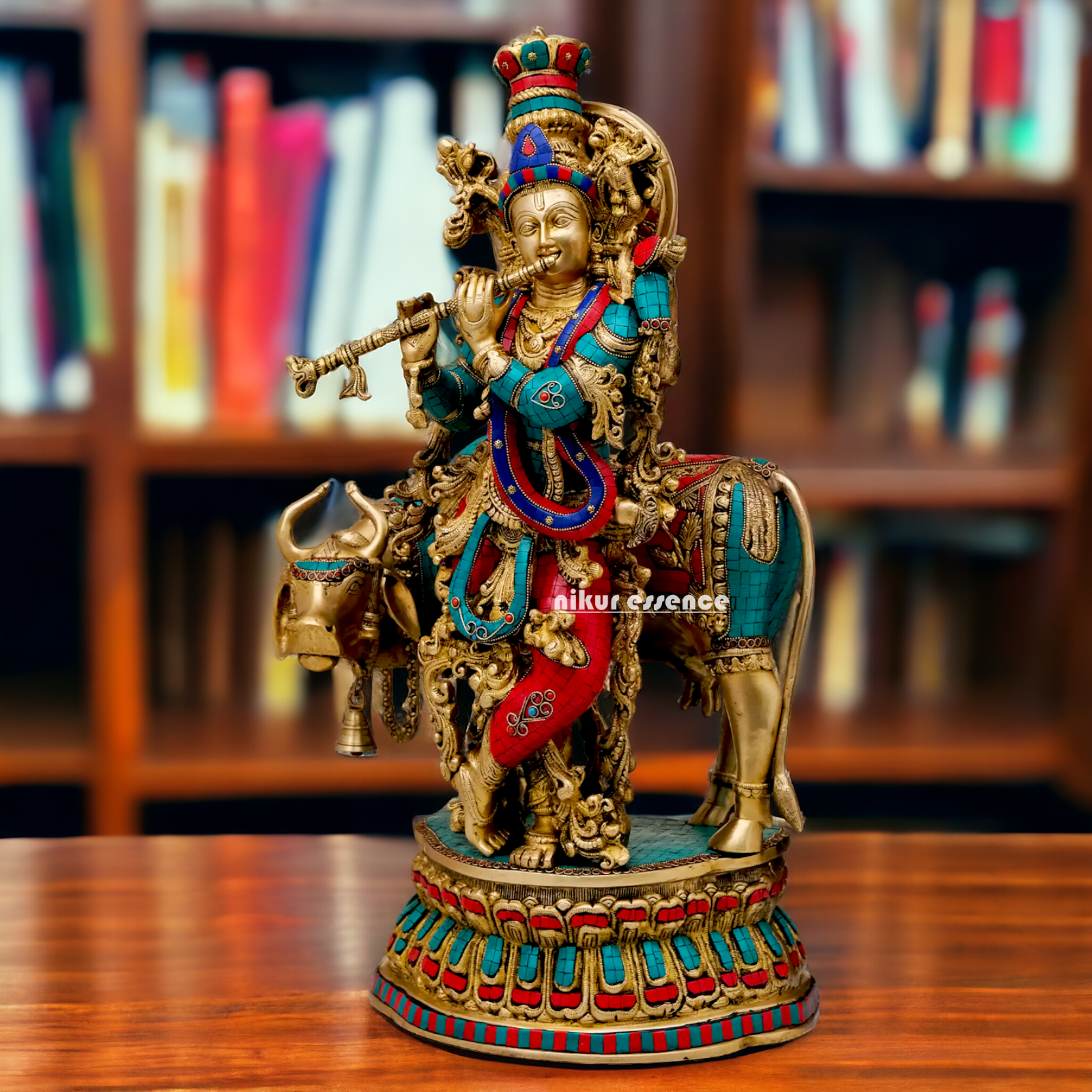 Lord Brass Krishna with cow Stone work idol - 28 Inch Nikuressence