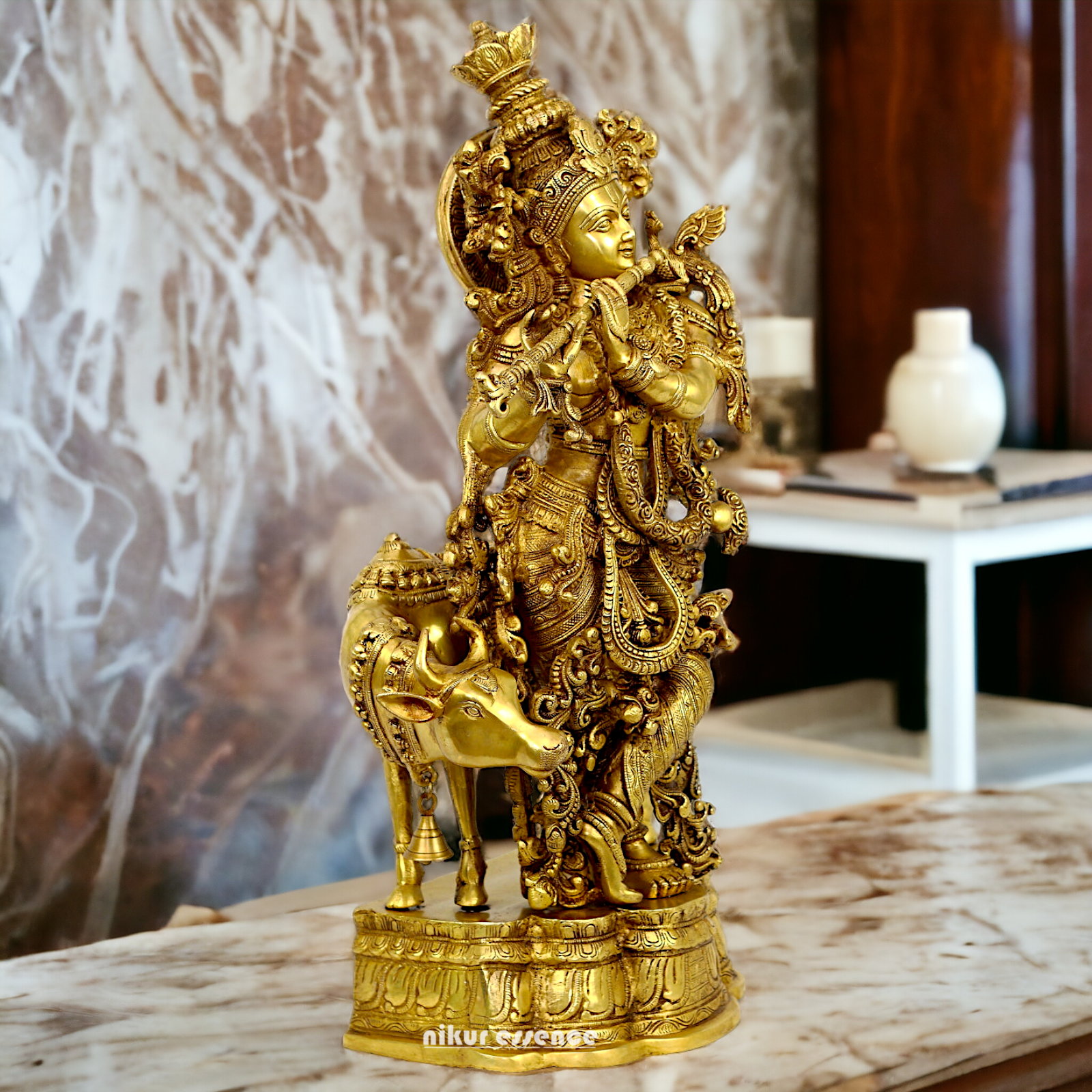 Large Krishna murli with cow Brass idol - 28 Inch Nikuressence