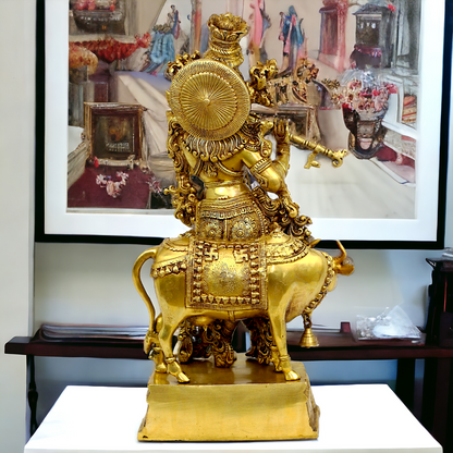 Large Krishna murli with cow Brass idol - 28 Inch Nikuressence