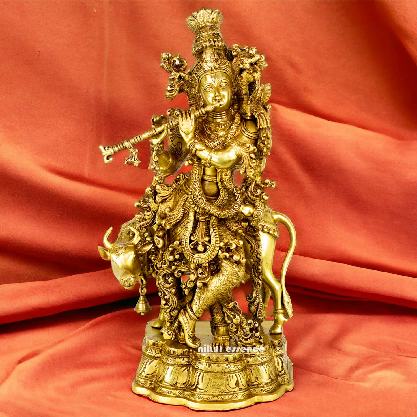 Large Krishna murli with cow Brass idol - 28 Inch Nikuressence