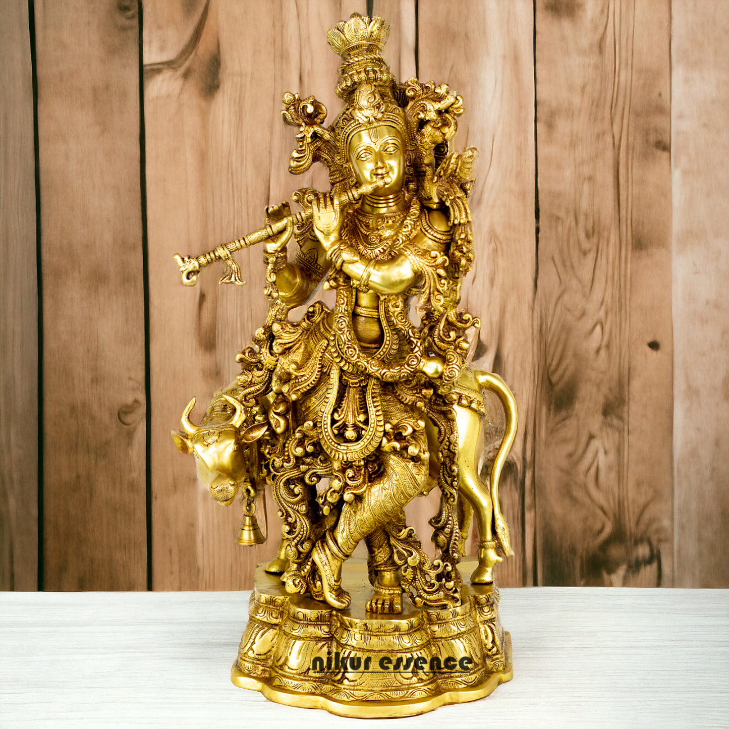 Large Krishna murli with cow Brass idol - 28 Inch Nikuressence