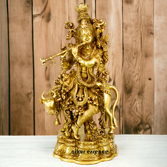 Large Krishna murli with cow Brass idol - 28 Inch Nikuressence