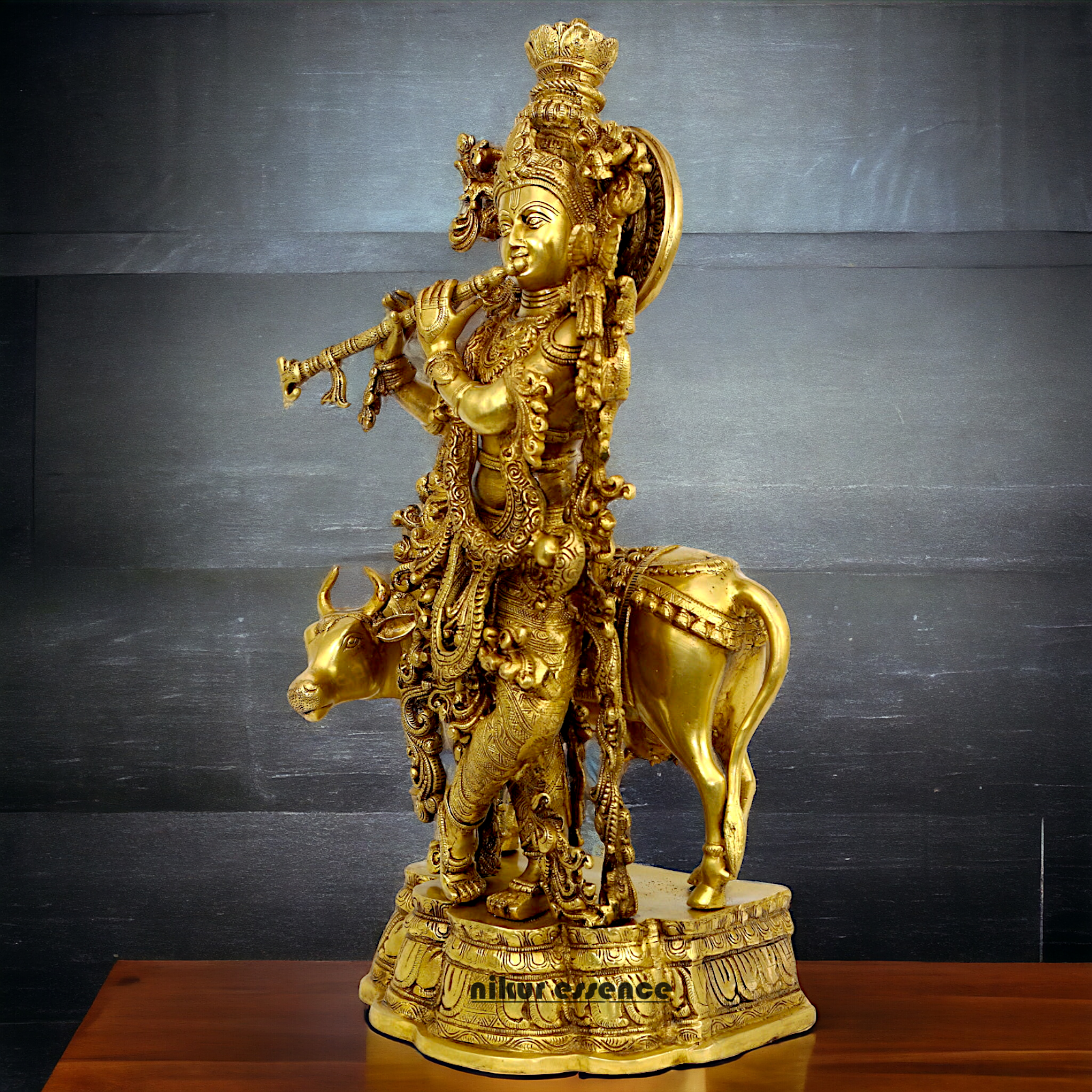 Large Krishna murli with cow Brass idol - 28 Inch Nikuressence