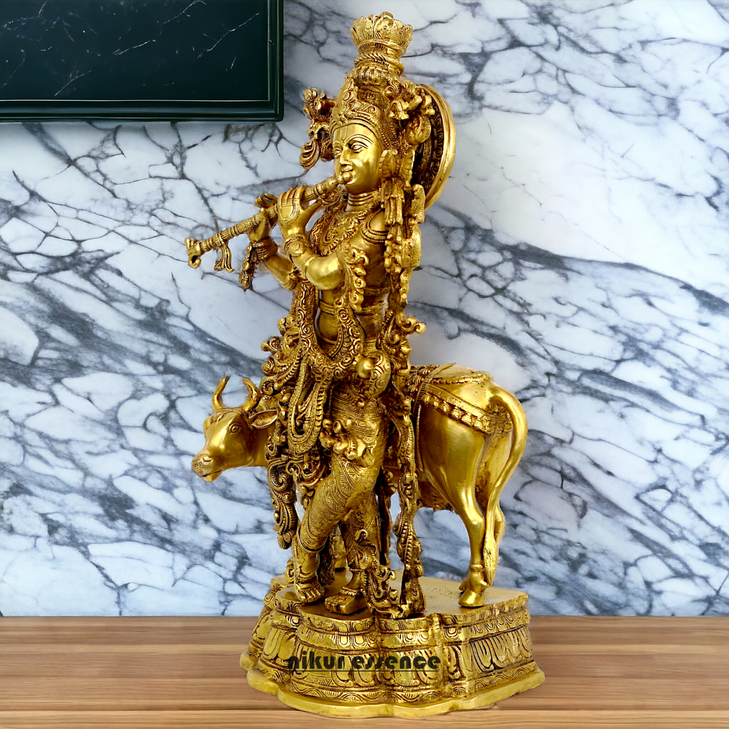 Large Krishna murli with cow Brass idol - 28 Inch Nikuressence
