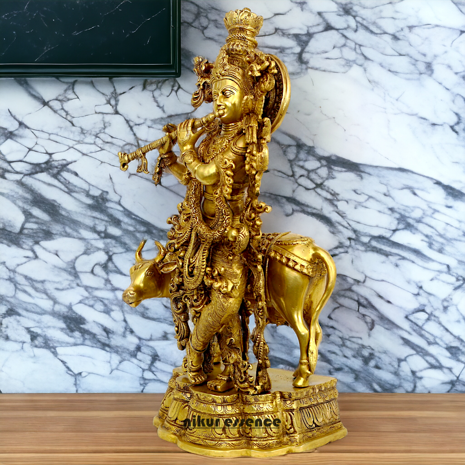 Large Krishna murli with cow Brass idol - 28 Inch Nikuressence