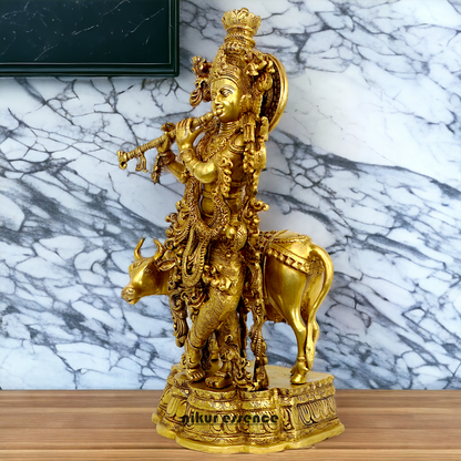 Large Krishna murli with cow Brass idol - 28 Inch Nikuressence
