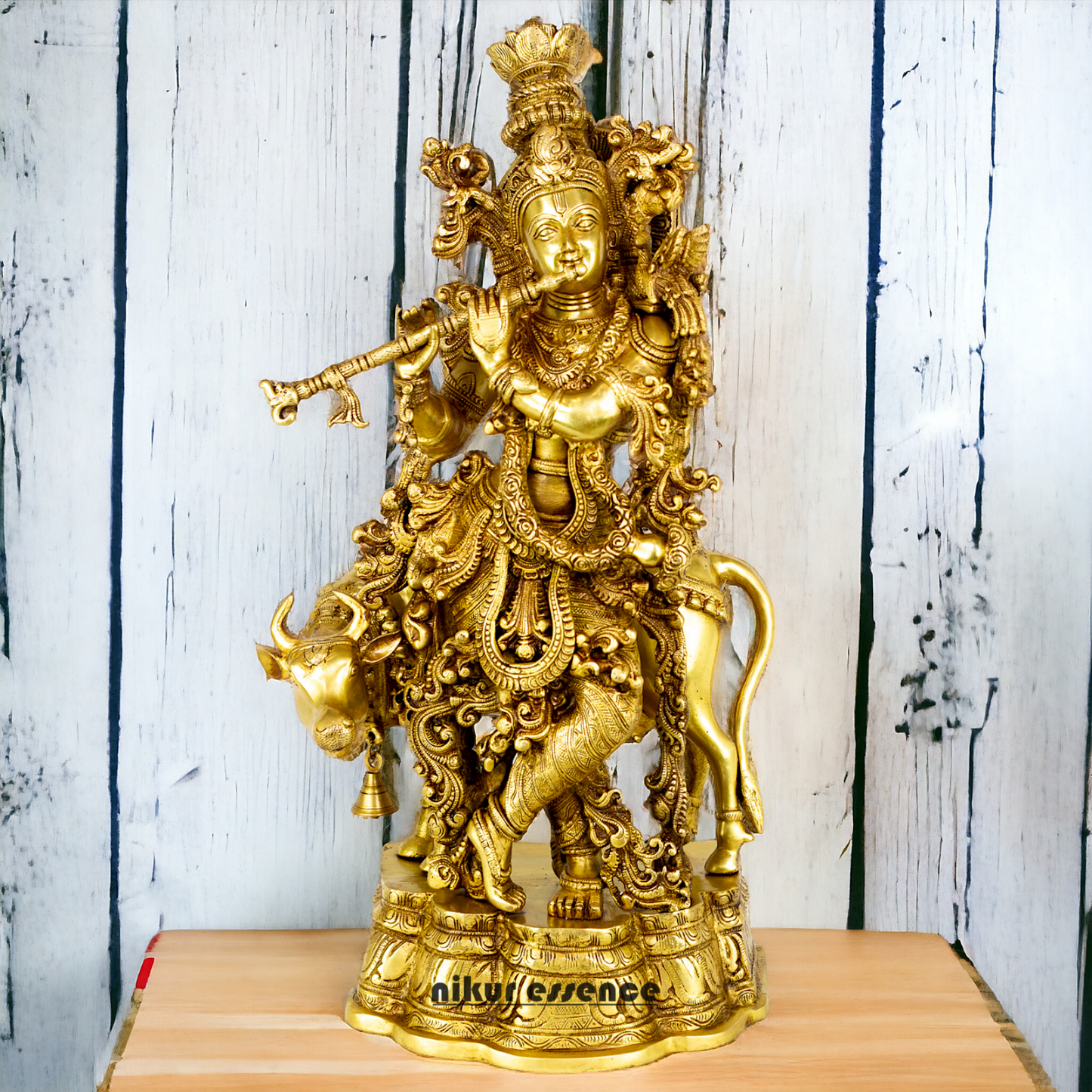 Large Krishna murli with cow Brass idol - 28 Inch Nikuressence