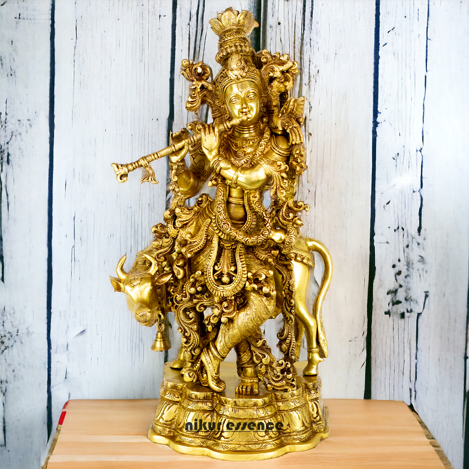 Large Krishna murli with cow Brass idol - 28 Inch Nikuressence
