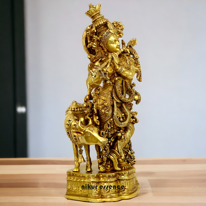 Large Krishna murli with cow Brass idol - 28 Inch Nikuressence